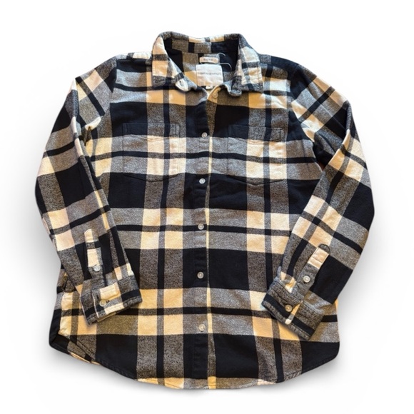 Thread & Supply Women’s Relaxed Fit Black & Cream Flannel Shirt w/ Side Pockets - Picture 1 of 7